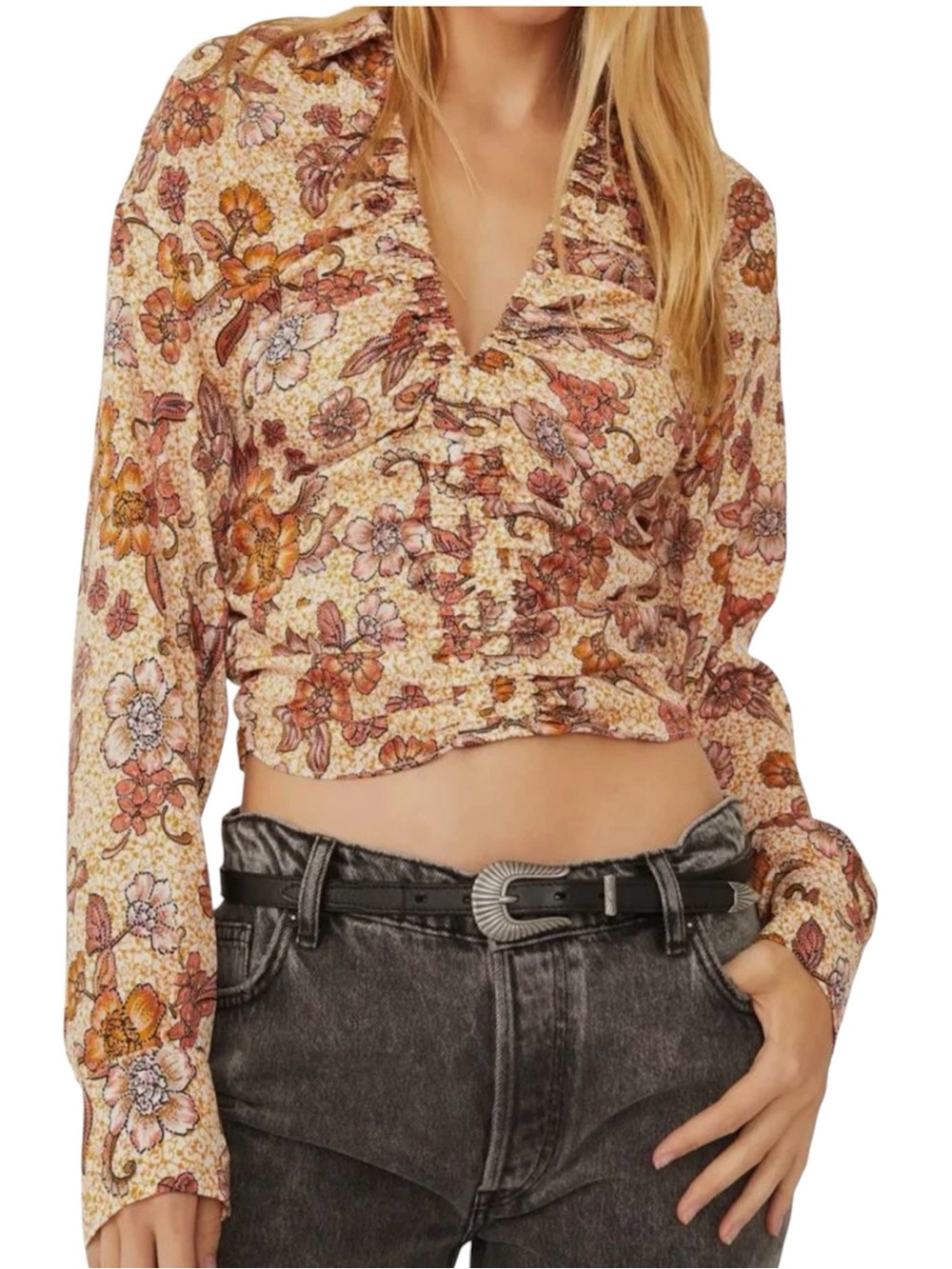 Free People Got Your Print Crop Long Sleeve Top XS